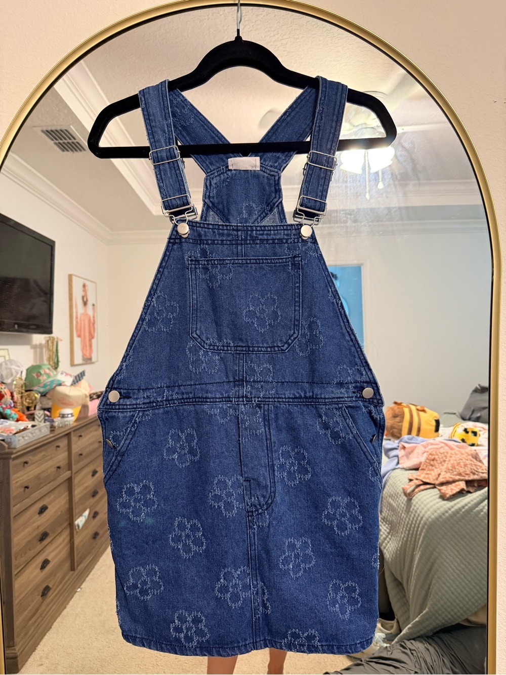 Blue Denim Floral Overall Dress
